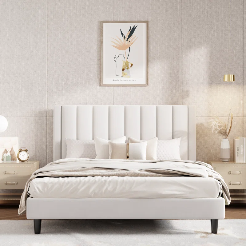 Stauton+Upholstered+Platform+Bed+with+Velvet+and+Striped+Headboard,+Queen,+White